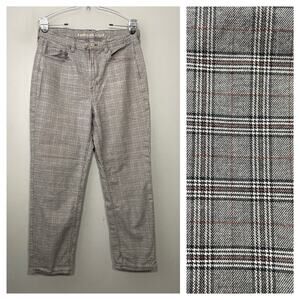 American Eagle Mom Straight Pants Size 14 Gray Plaid High Rise Preppy Trousers